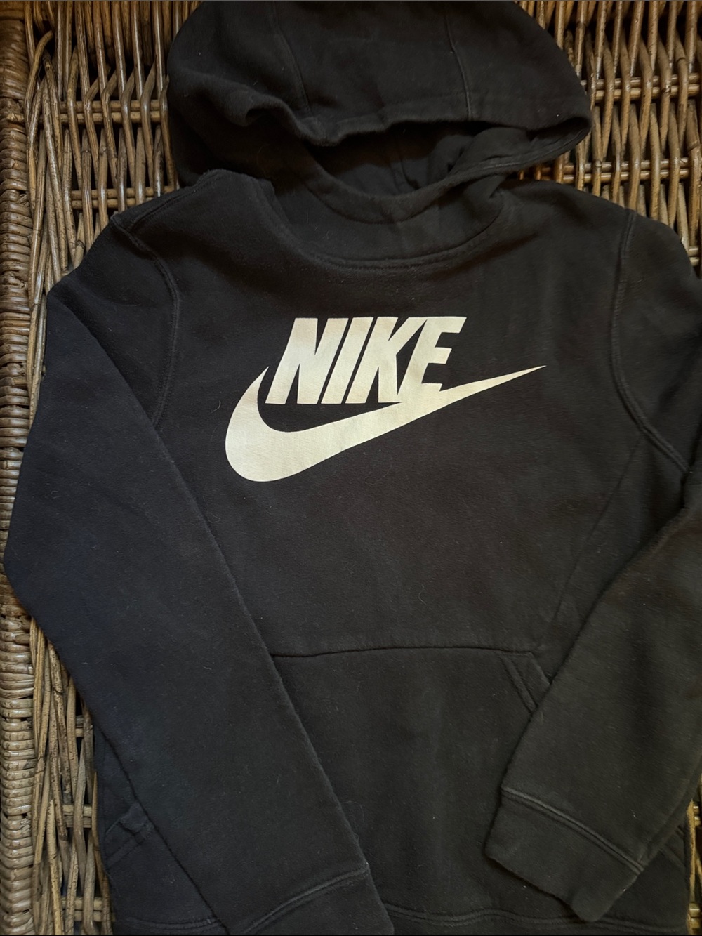 Nike Big Kid’s Black Hoodie with White Swoosh and Logo Size Medium